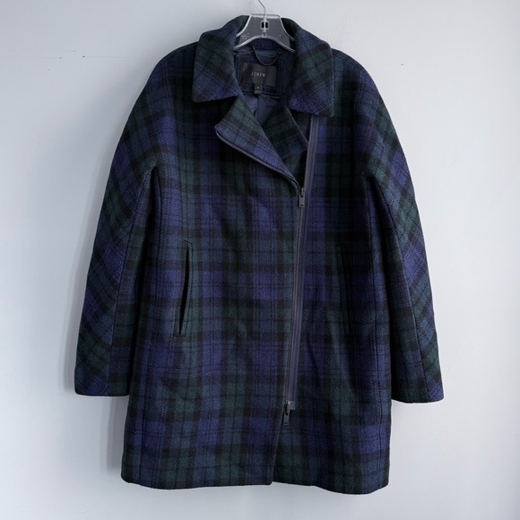 J. Crew 100% Wool Zippered Coat Black Watch Tartan 10 Plaid Academia Peacoat - Picture 4 of 16